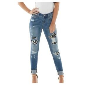 Judy Blue Leopard Print Patch Distressed Ripped Skinny Fit Rolled Jeans 7/28